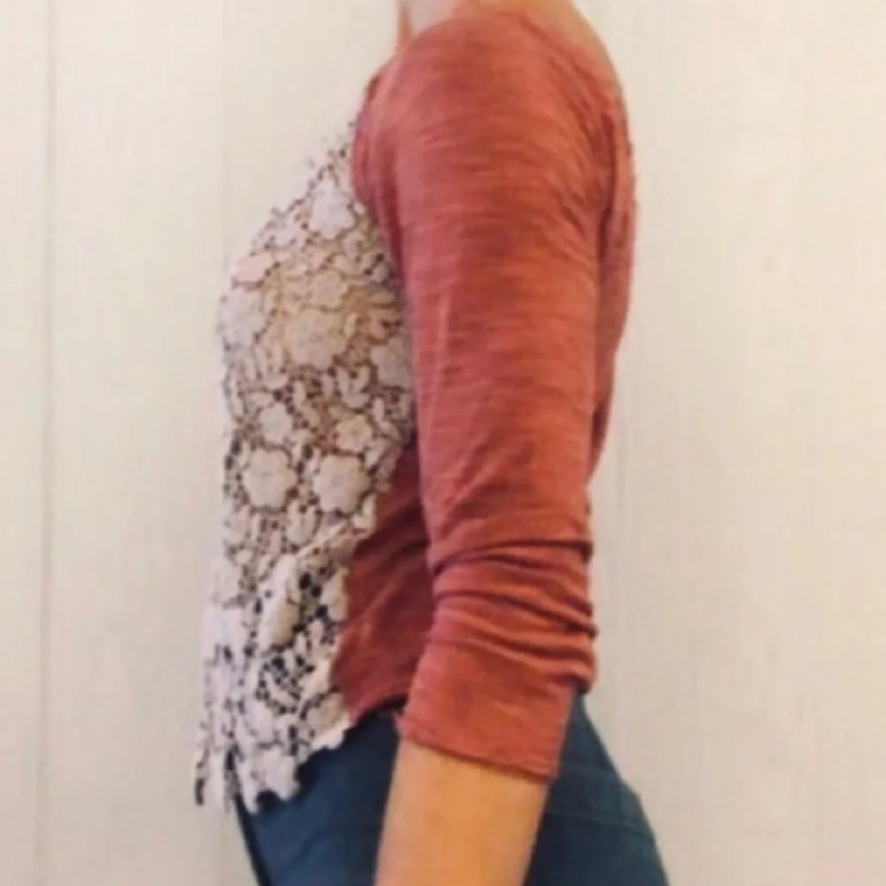 Free People Crochet Daisy Lace Ragland Long Sleeves Scoop Neck Top